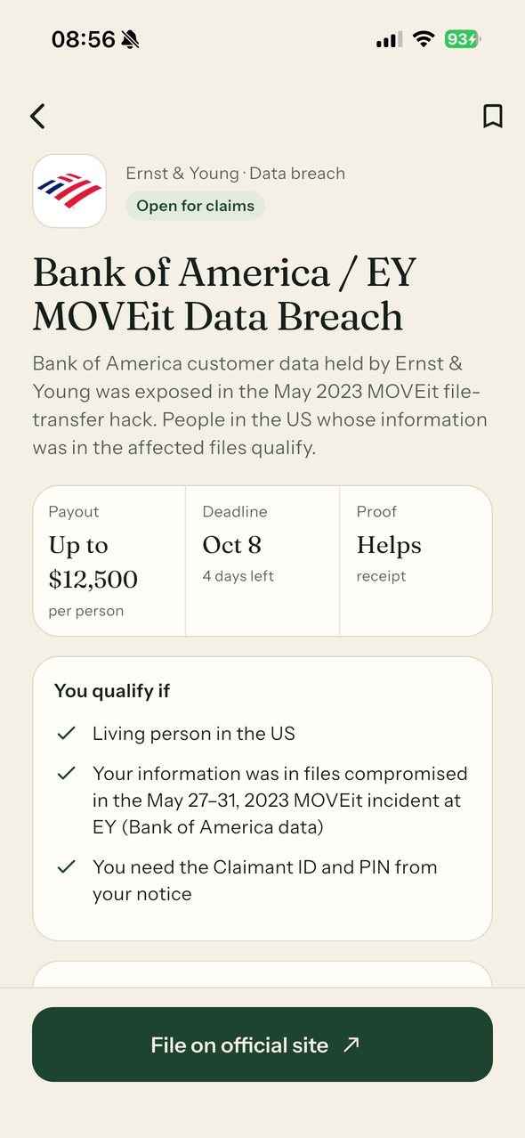 Bank of America / EY MOVEit データ漏えいの和解詳細画面