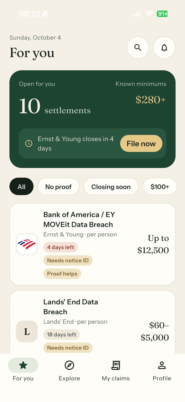 Claimの「あなた向け」画面：受付中の和解10件、公表済み最低額の合計$280以上